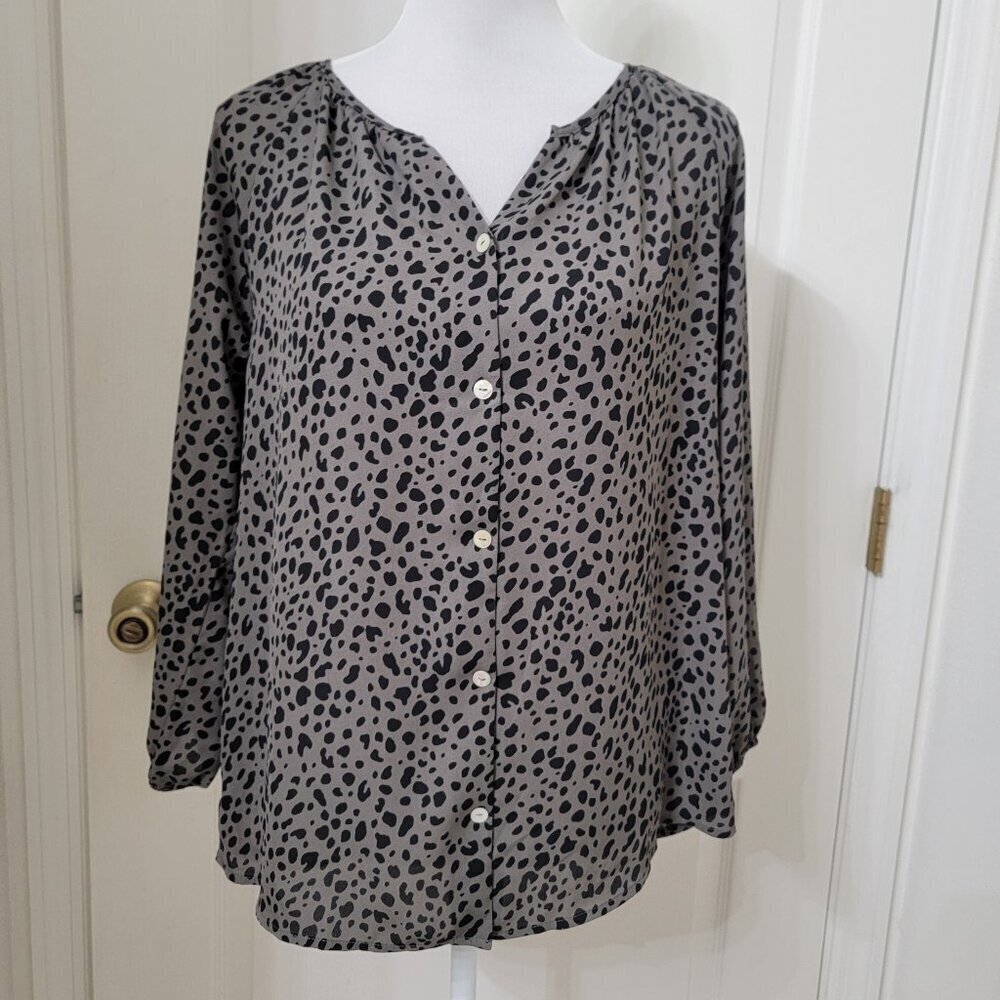 West Kei Size S Gray with Black Animal Print Casaday Button Down Blouse, NEW